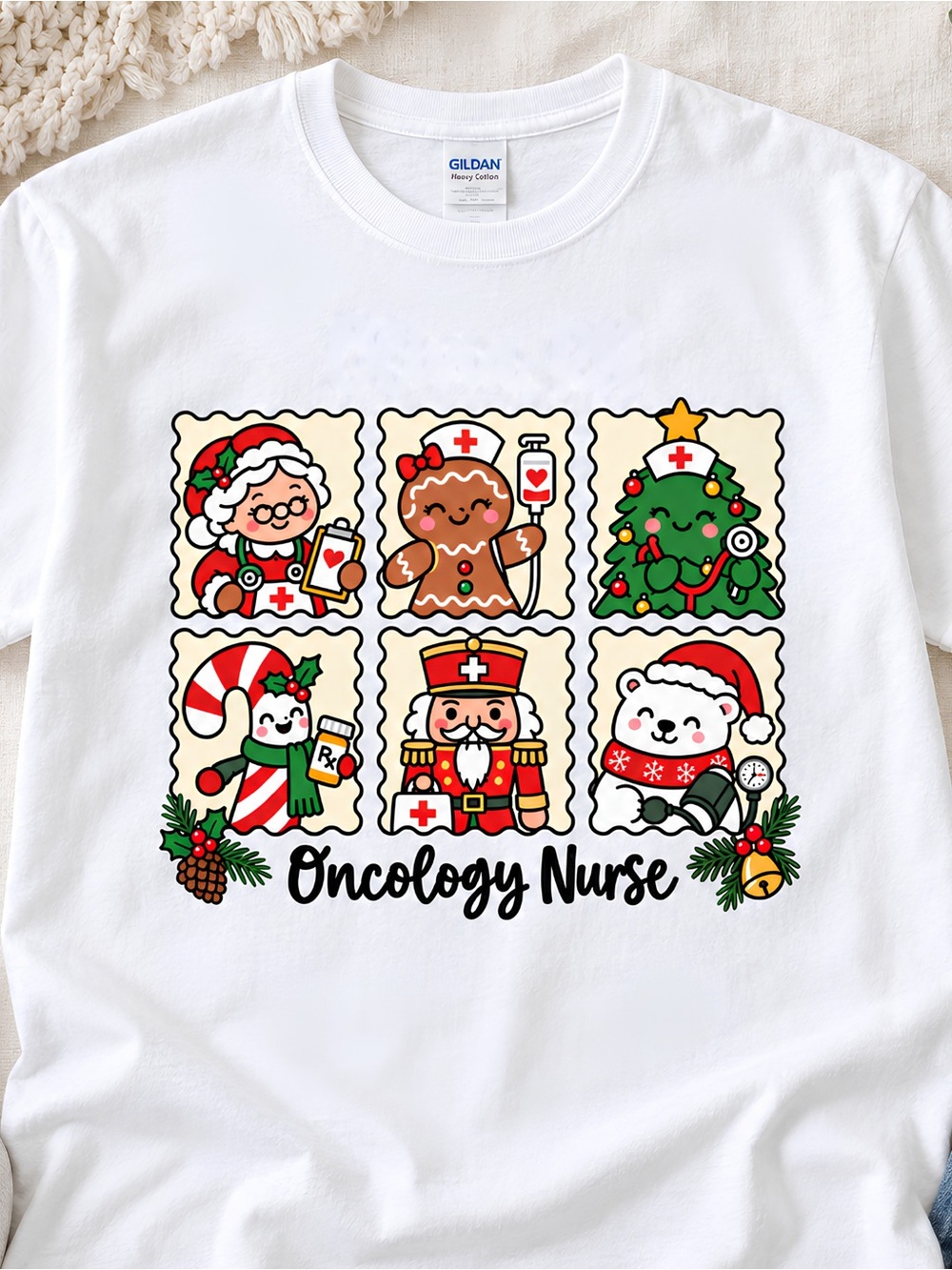 Gildan Christmas Oncology Nurse Graphic T-Shirt White NWT